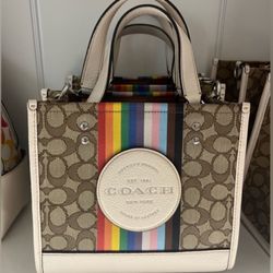 Coach Outlet Dempsey Tote 22 In Signature Jacquard With Rainbow Stripe