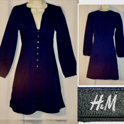 Vtg Y2K H&M Navy Blue Plunge Neck Empire Waist Long Sleeve Mini Dress Sz 2