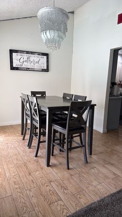 Dark Gray Counter Height Dining Table Set with 6 Chairs