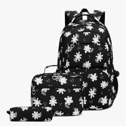 Lightweight Water Resistant Backpack Set with Insulated Lunch Bag (Daisy Black), NEW