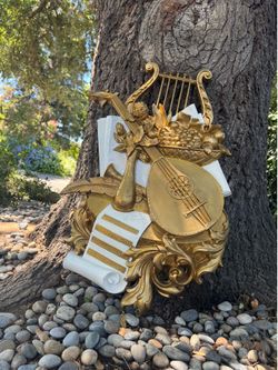 Syroco Musical Instrument Wall Hanging Plaque 7236  Lyre Mandolin Rose Fruit  Mid Century Hollywood Regency
