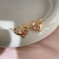 K-style Pink Bow Heart Zircon Earrings | Trendy Girl Aesthetic Silver Studs