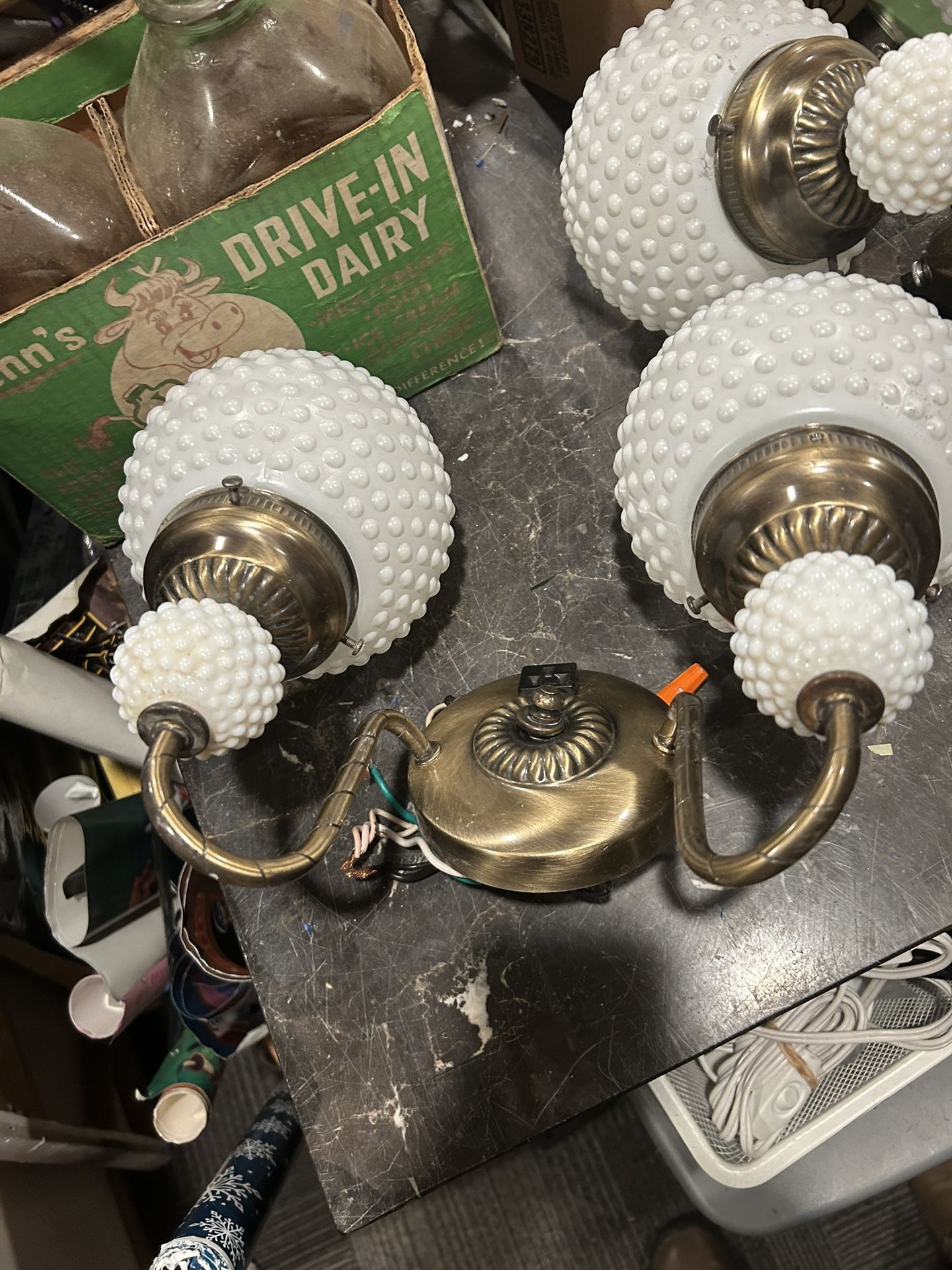 2 Light Milk Glass and Brass Sconce Set