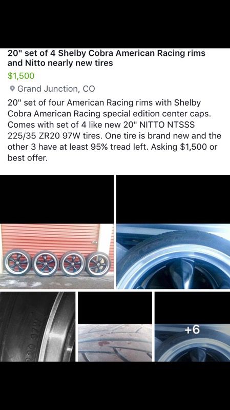 20" set of 4 Shelby Cobra American Racing special edition center caps, rims and NITTO near new tires