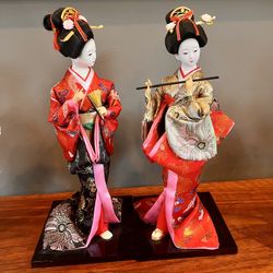 Vintage Twin Japanese 12" Geisha Kimono Doll Folding Fan and Flute