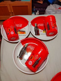 Coca Cola tin metal plates with plastic cups
