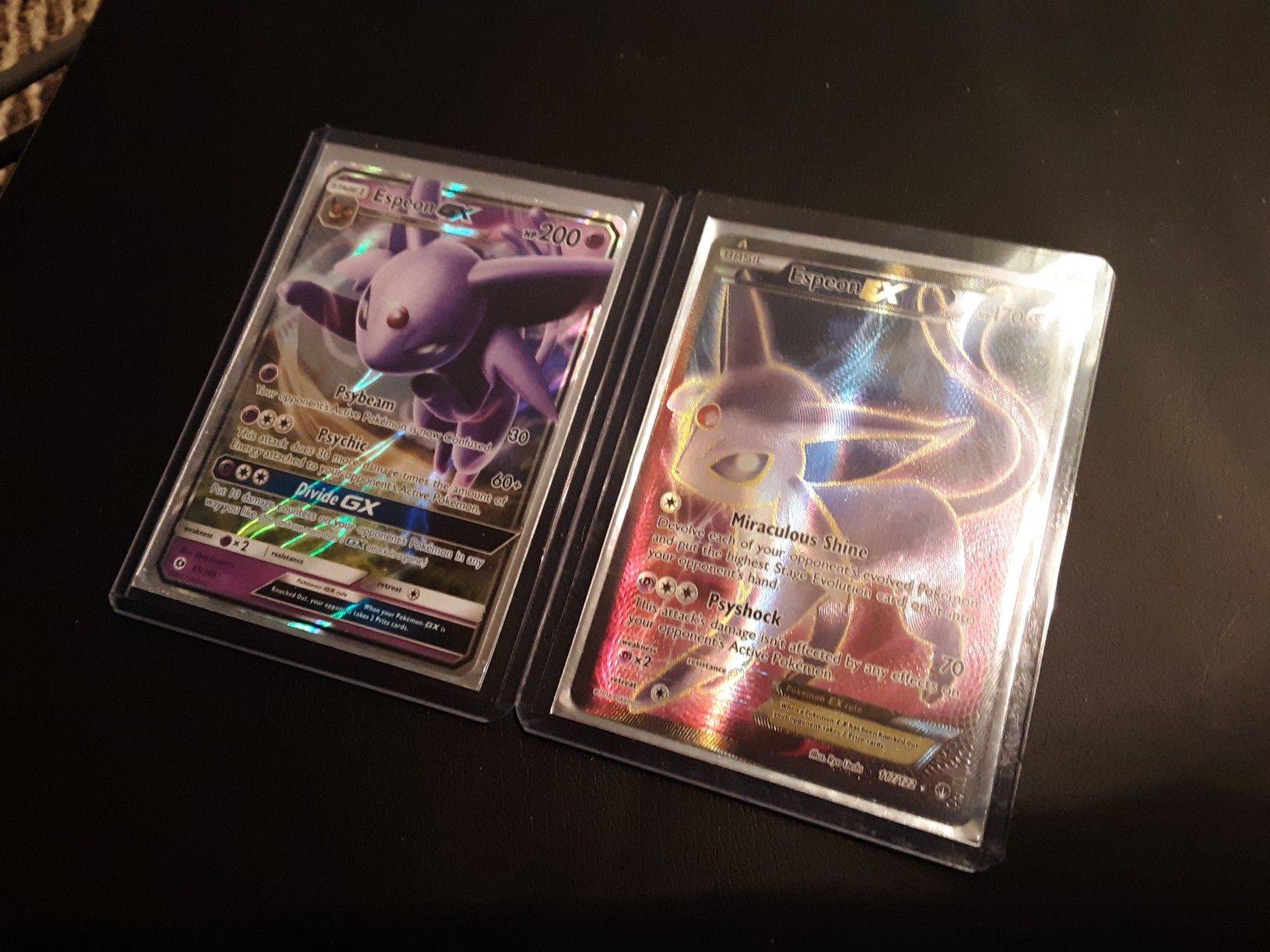 Espeon EX and GX Full art Rare Pokemon cards with sleeves and cases