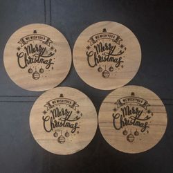 Set of 4 Engraved Merry Christmas Coasters – Wooden Holiday Drink Coasters, Rustic Christmas Table Decor, Festive Hostess Gift