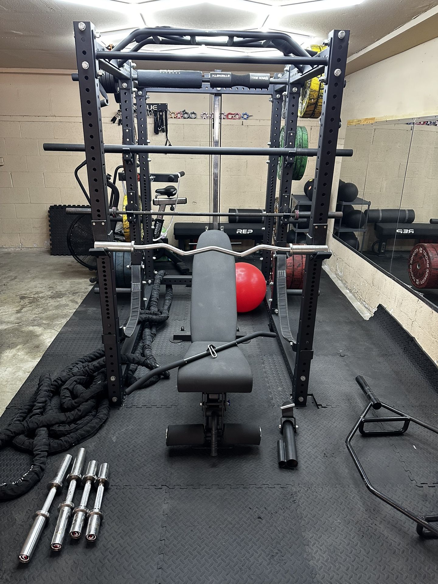 Complete At Home Gym Setup, Rack Cage, Bumper Plates, Barbells, & More