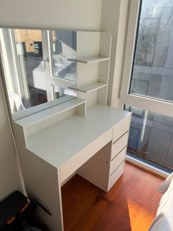 White Vanity Desk with Mirror, Drawers & Shelves