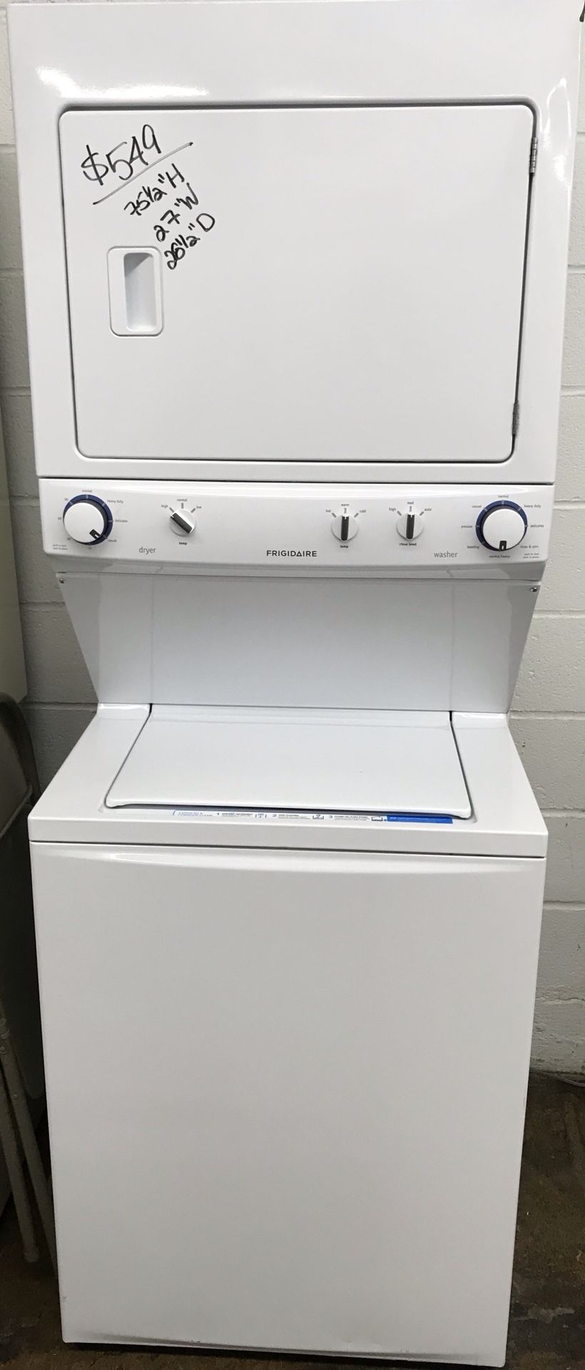 Frigidaire FFLE3911QW 3.8 cu. ft. Electric Laundry Center - White! Like New! 220 Electric Stackable! 75.5” H x 27” W x 28.5” D! 30-Day Guarantee! We