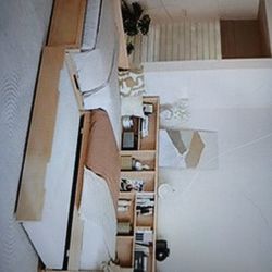 Ridley Beige Twinsize L SHAPED DAY BED WITH BOOKCASE,HEADBOARD,AND STORAGE DRAWER,TRUNDLE INCLUDED