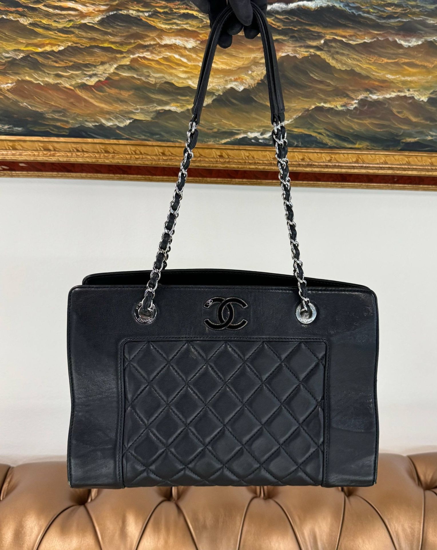 Chanel Mademoiselle Vintage Black Shopping Shoulder Tote Bag Quilted Sheepskin Medium