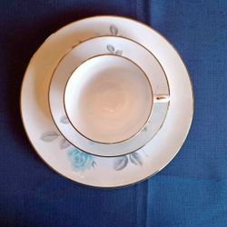Fine Bone China, Blue Roses Teacup, Saucer and Dessert Plate.