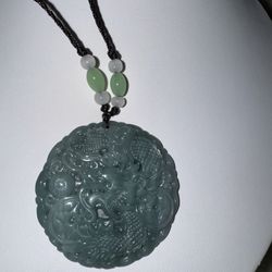 New Stunning Carved Jade Pendant on Black Rope 24" 