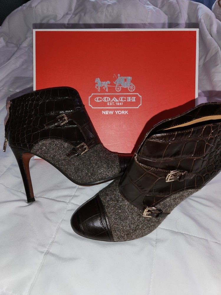 coach tina brown leather tweed wool booties Croc Embossed Buckles