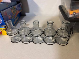 5-Bottle Glass Bud Vase Set in Black Metal Wire Caddy – Farmhouse Table Decor