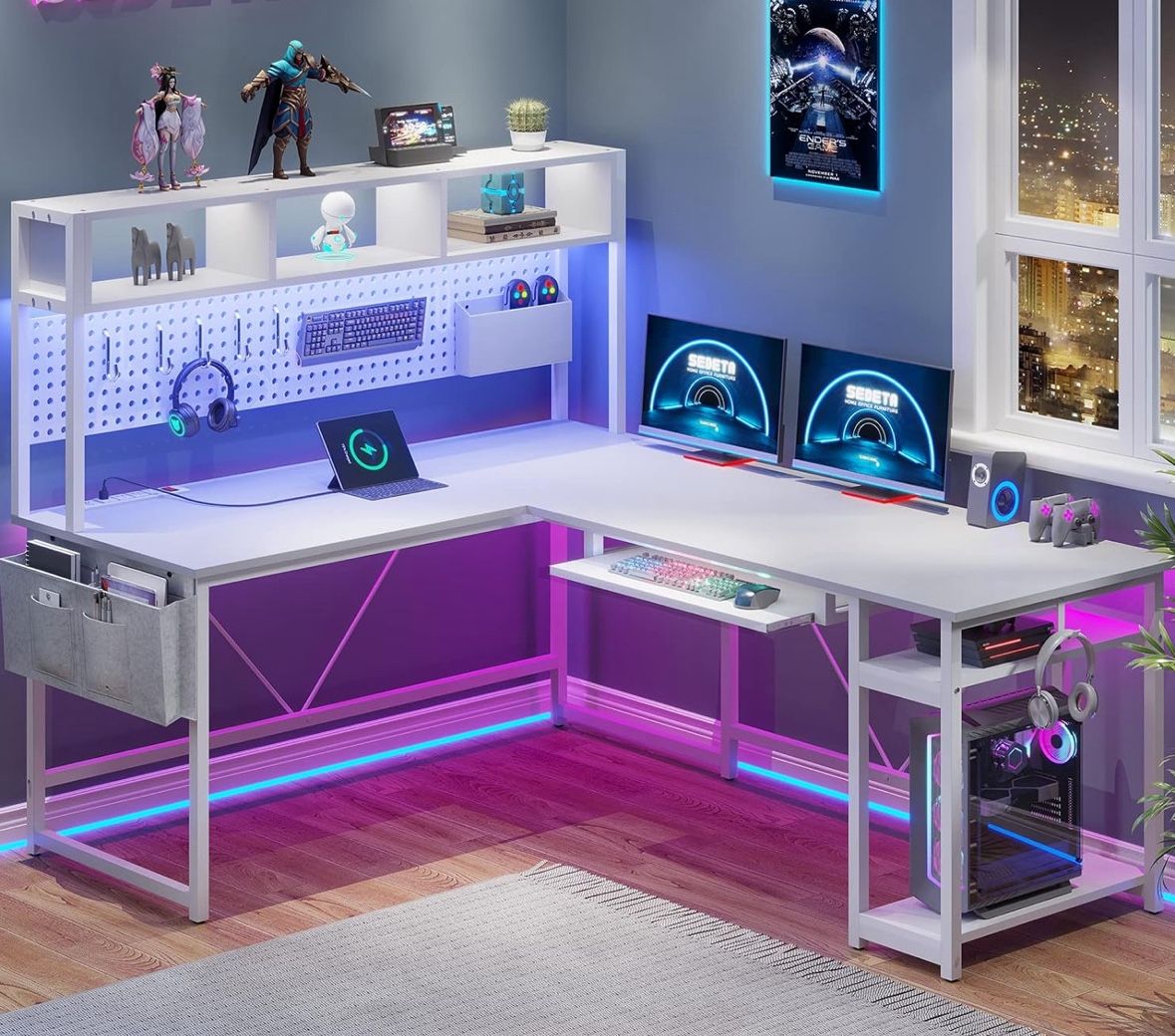 Large White L-shaped Desk For Work, Study, Gaming