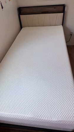 Beige Twin XL Bed Frame with Headboard Shelf, Metal Box Spring and Mattress