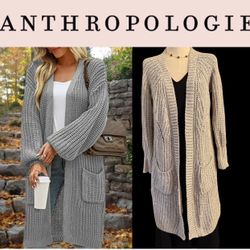 Anthropologie Moth Grey Open Front Chunky Knit Long Cardigan Cotton/Cashmere Blend Size Small 