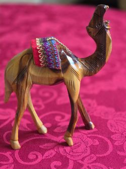 Carved Olive Wood Camel Figurine With Textile Saddle
