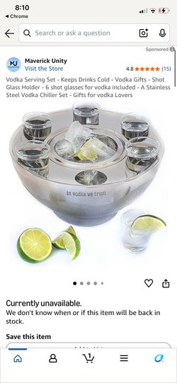 BRAND NEW! VODKA SERVING SET - STAINLESS STEEL ICE BOWL W/ 6 SHOT GLASSES - MAVERICK UNITY