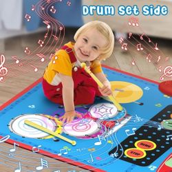 2-in-1 Musical Mat Toys for 1 2 3 4 5 Year Old, Piano Keyboard & Drum Set with 2 Drum Sticks, Early Educational Musical Learning Toys Birthday for 1 2