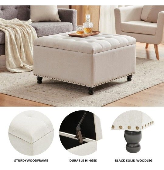 Large Square Tufted Upholstered Ottoman Bench and Coffee Table with Storage, Oversized Footrest for Living Room, Beige