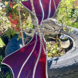 Hanging Pewter Dragon With Stained Glass Wings