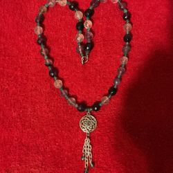 20”multi Colored Stone Beaded Necklace With Dangling Silver Pendant 