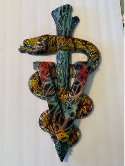 Rare Veterinarian Caduceus Metal Wall Art Hanging Sculpture  21”x11.5”