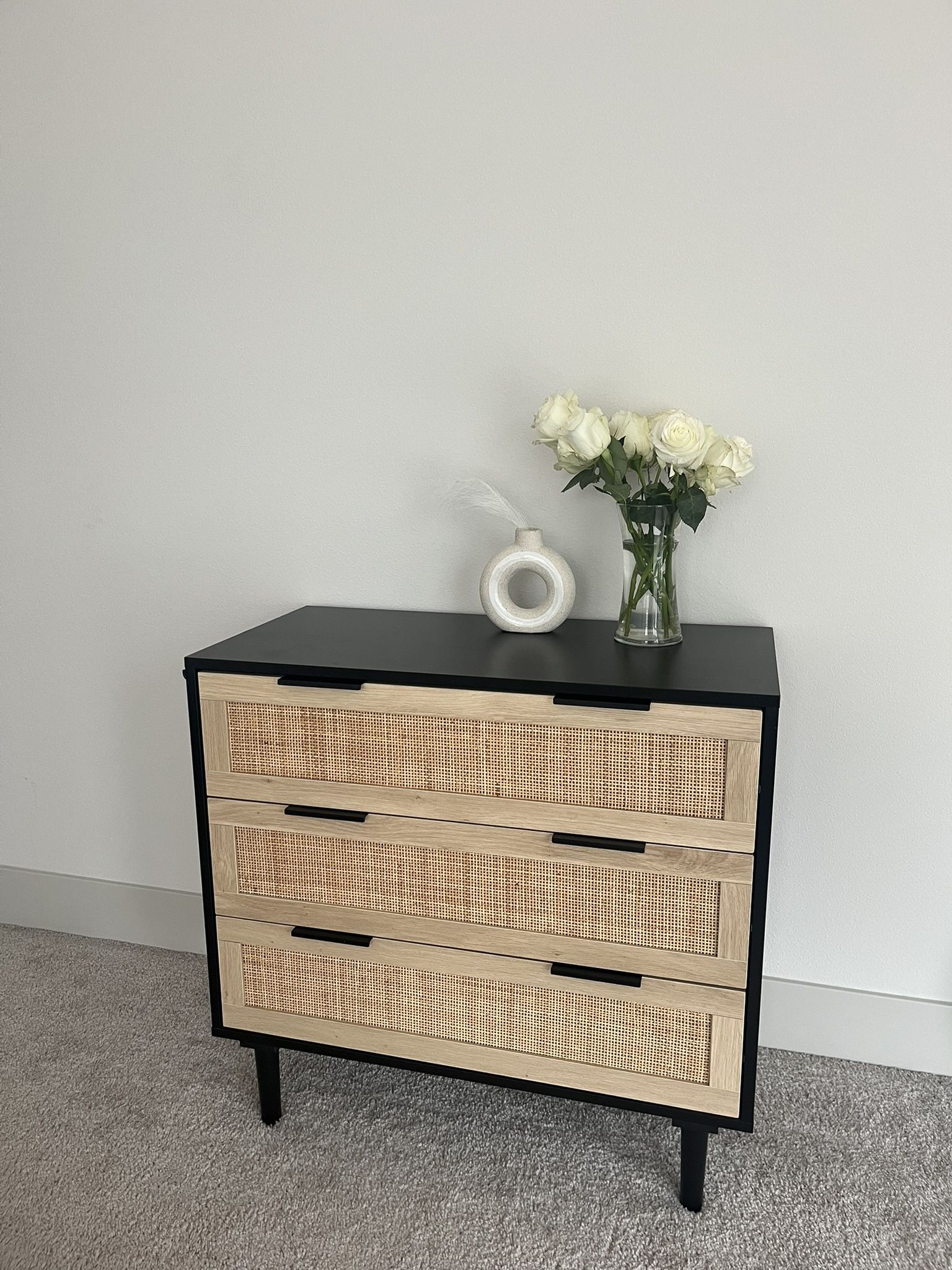 3 Drawer Modern Rattan And Wood Dresser