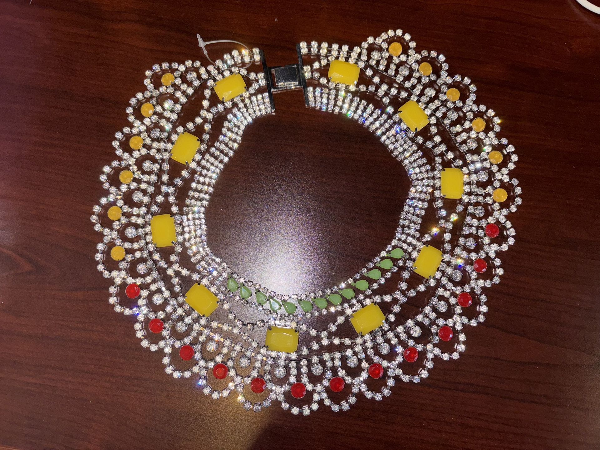 Yellow and red rhinestone choker statement necklace