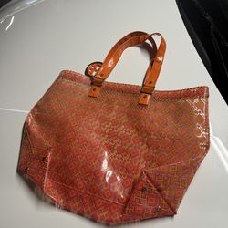 Tory Burch Orange Pink Monogram Tote Bag