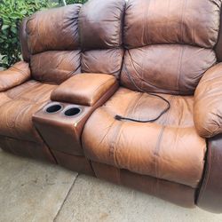 Leather Double Recliner Couch With Electricic Outlets And USB