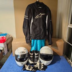 Mens Alpinestars XXL Motorcycle Jacket, Riding Gloves & Boots Plus Two Helmets "Like-New"