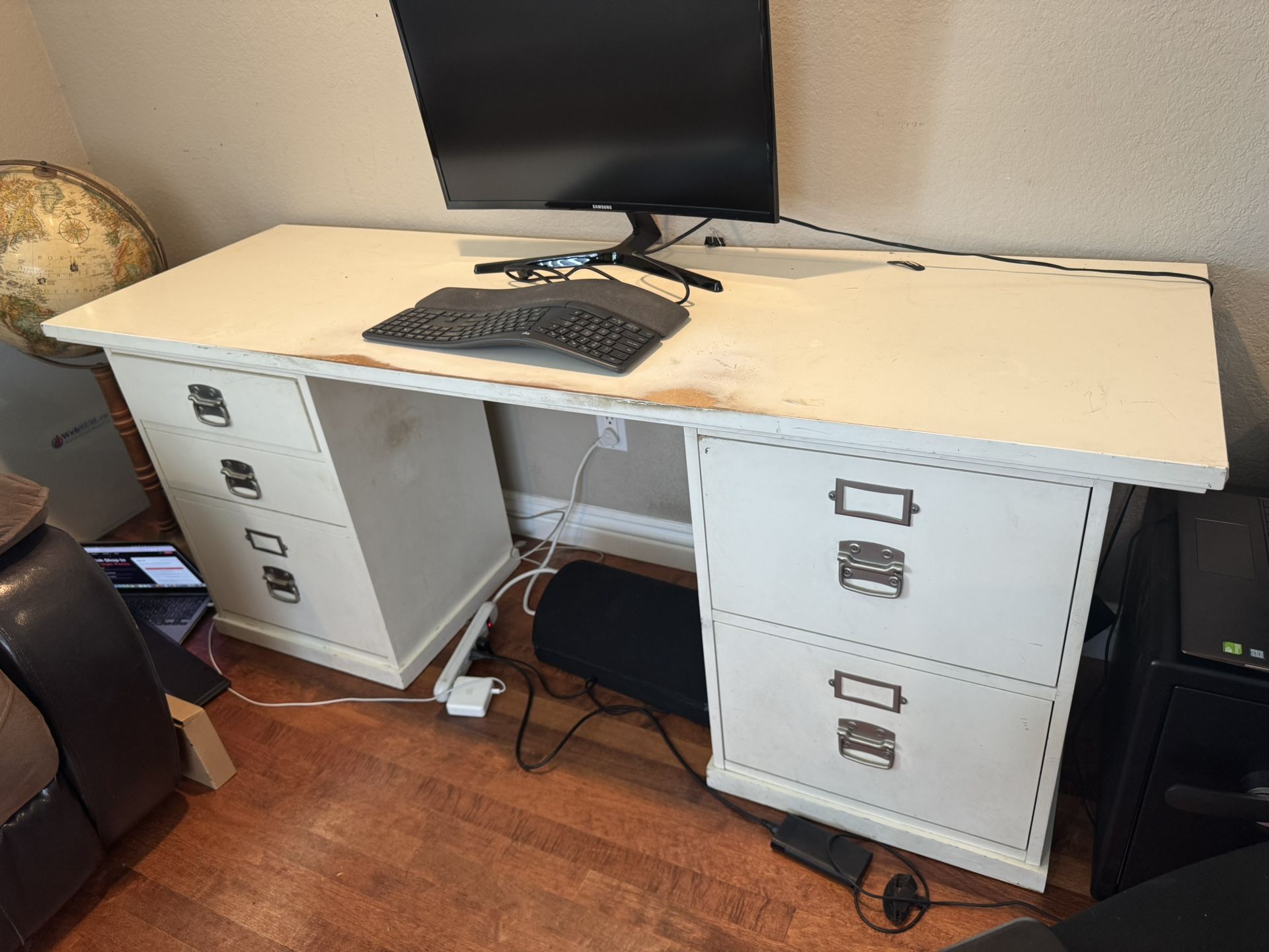 White Pottery Barn Desk with Dual File Cabinets – 70” Wide