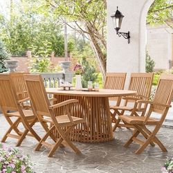 TEAK WOOD NATURAL FINISH 7 PIECE SET OUTDOOR DINING PATIO POOL SIDE