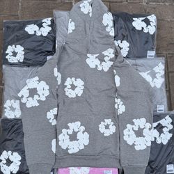 Grey denim tear hoodie 