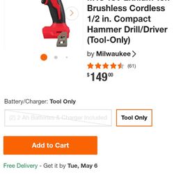 Brand New Never Used 149.00$ M18 18V Lithium-Ion Brushless Cordless 1/2 in. Compact Hammer Drill/Driver (Tool-Only)