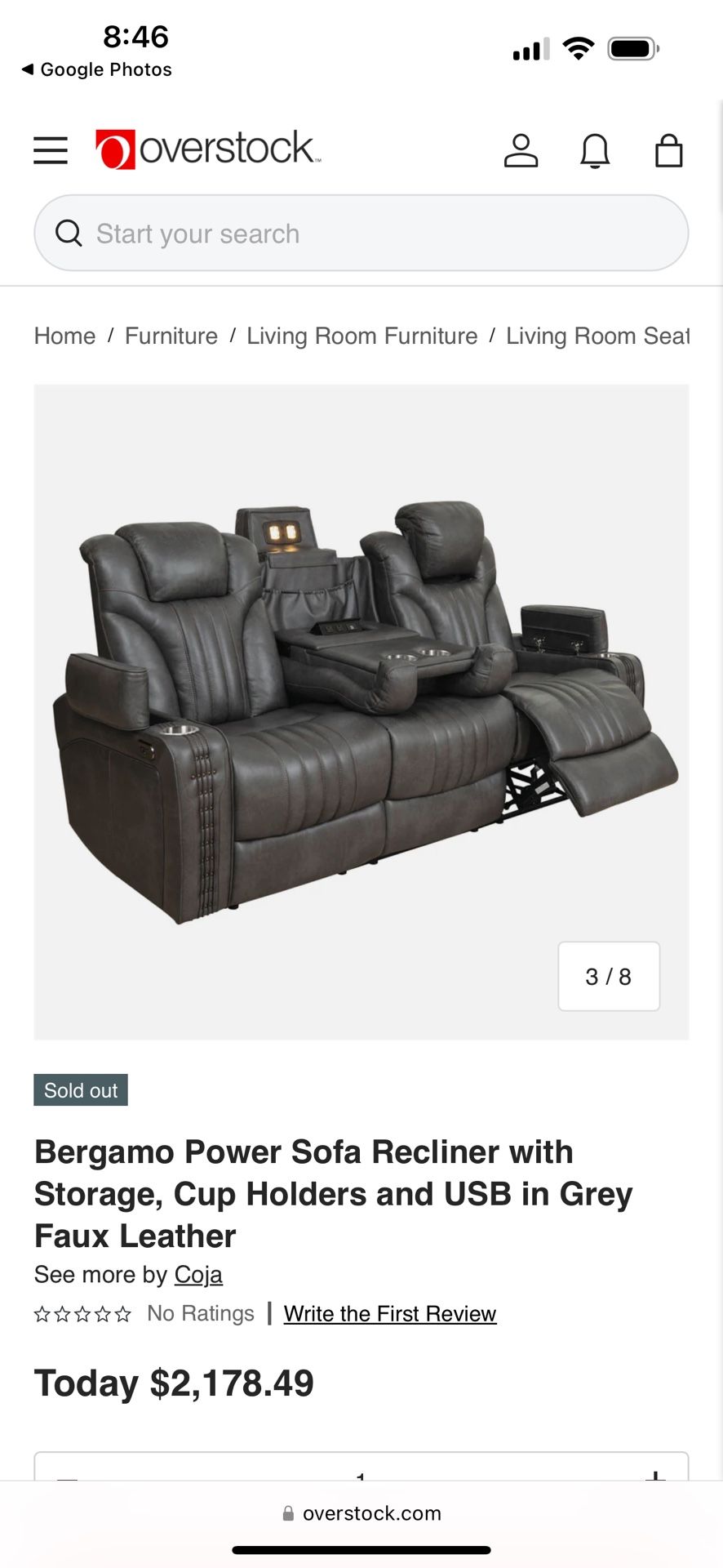 Power Sofa Recliner with Storage, Cup Holders and USB in Grey Faux Leather