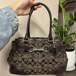 Coach Hampton Signature Jacquard Handbag Satchel Chocolate Brown 10245