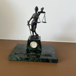 Marble Lady Justice Desk Set Features A Bronze Finish Figurine Holding Scales And A Sword, Sn Integrated Quartz Clock And Build In Pen Tray