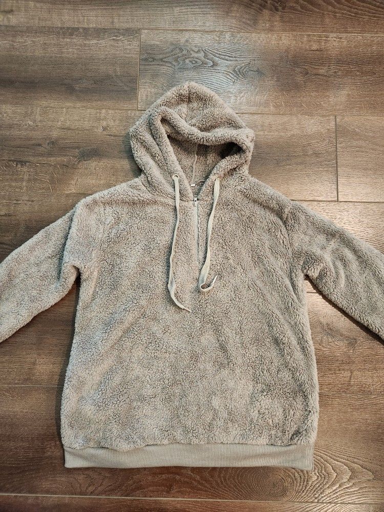 Women’s Tan Quarter Zip Fuzzy Hooded Pullover Sweater Sz L