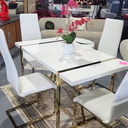 5 PIECE DINING TABLE SET WHITE GLOSSY GOLD DETAILS LEATHER CHAIRS 55X38X30