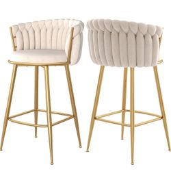 Counter Height Stools Set of 2, Velvet Bar Stools with 27 Inches Upholstered Seat Height, Handmade Woven Back Armrest, Sturdy Golden Metal Legs for Ho