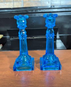 Pair of bright blue pressed glass candlestick holders