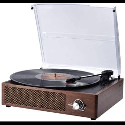 Record Player, SKEVONO Portable 3 Speed Vinyl Turntable, Bluetooth Vintage Record Player with Built-in Speakers, 