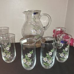 7 Piece Vintage Handblown Glass Drink Set 1970s-1980s - Crystal Clear Industries, Made in Turkey.