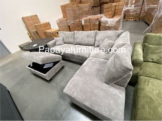 106” New Plush Gray Sectional, Sectional And Storage Ottoman, Sectionals, Sofa, Couch, Gray Couch, Grey Couch, Corduroy Sectional, USB Charger Sofa